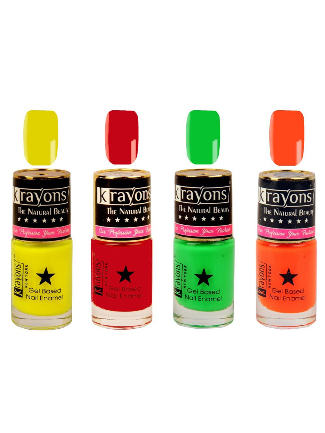 

krayons Set of 4 Long-Lasting & Quick Dry Gel Based Nail Enamel 6 ml Each -Signal Red - Neon Yellow - Neon Green - Neon Orange, Multi