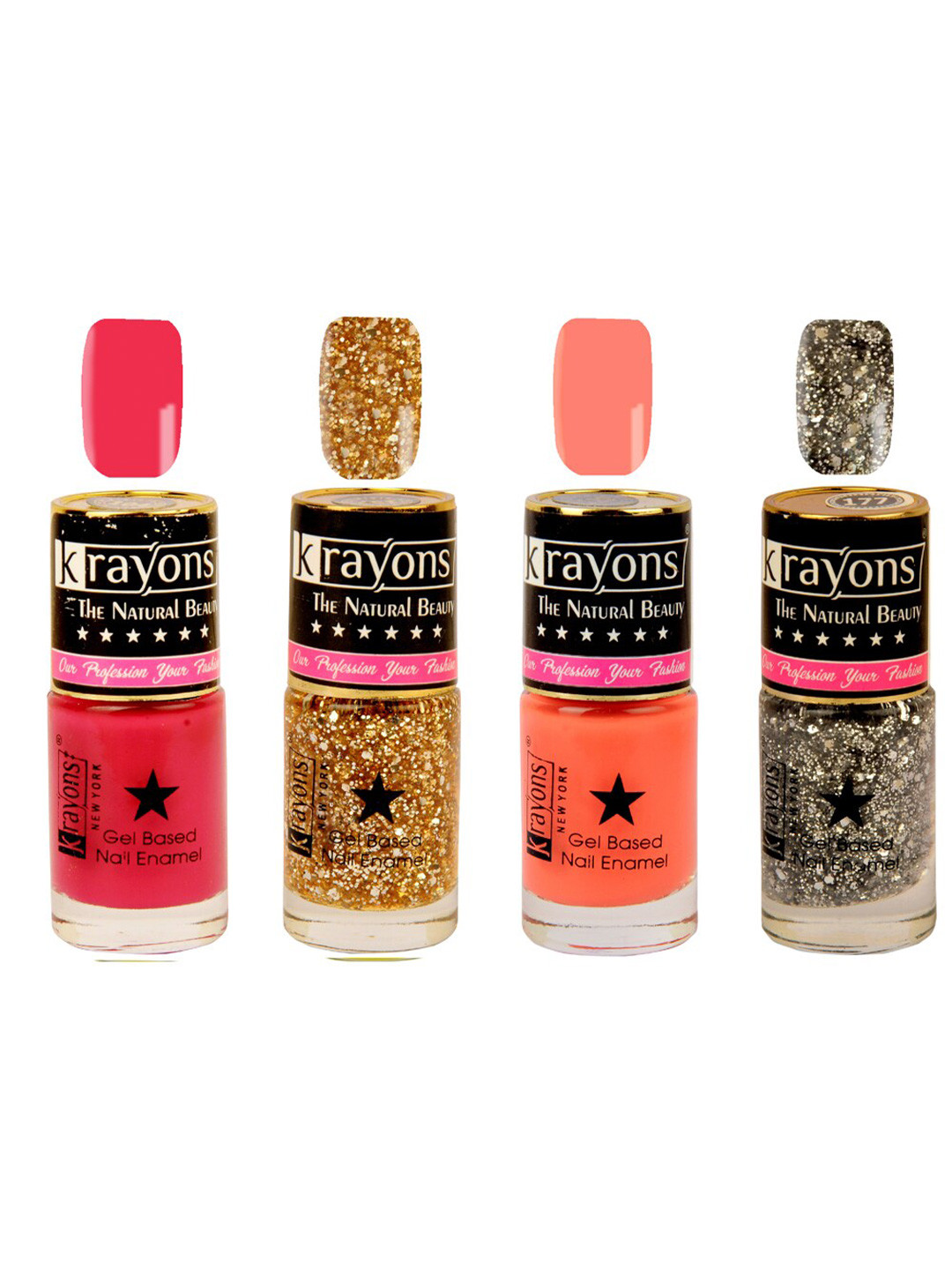 

krayons Set of 4 Long-Lasting & Quick Dry Gel Based Nail Enamel 6 ml Each -Twilight Pink - Shimmer Silver - Shimmer Golden - Coral Peach, Multi