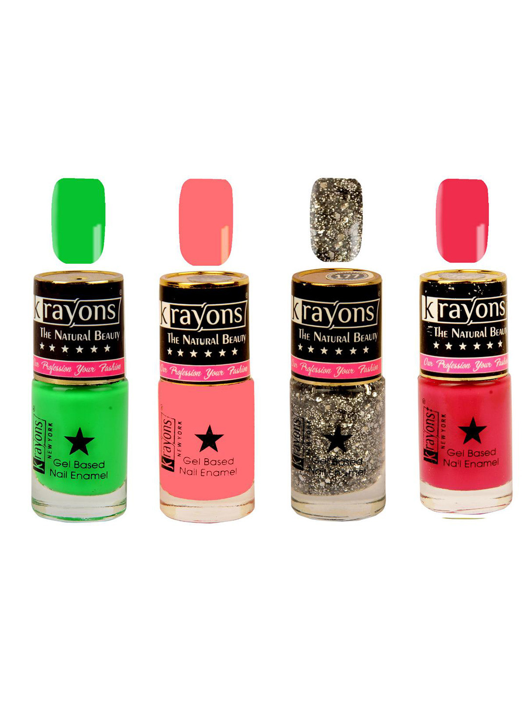 

krayons Set of 4 Long-Lasting & Quick Dry Gel Based Nail Enamel 6 ml Each -Shimmer Silver - Sunset Orange - Neon Green - Twilight Pink, Multi