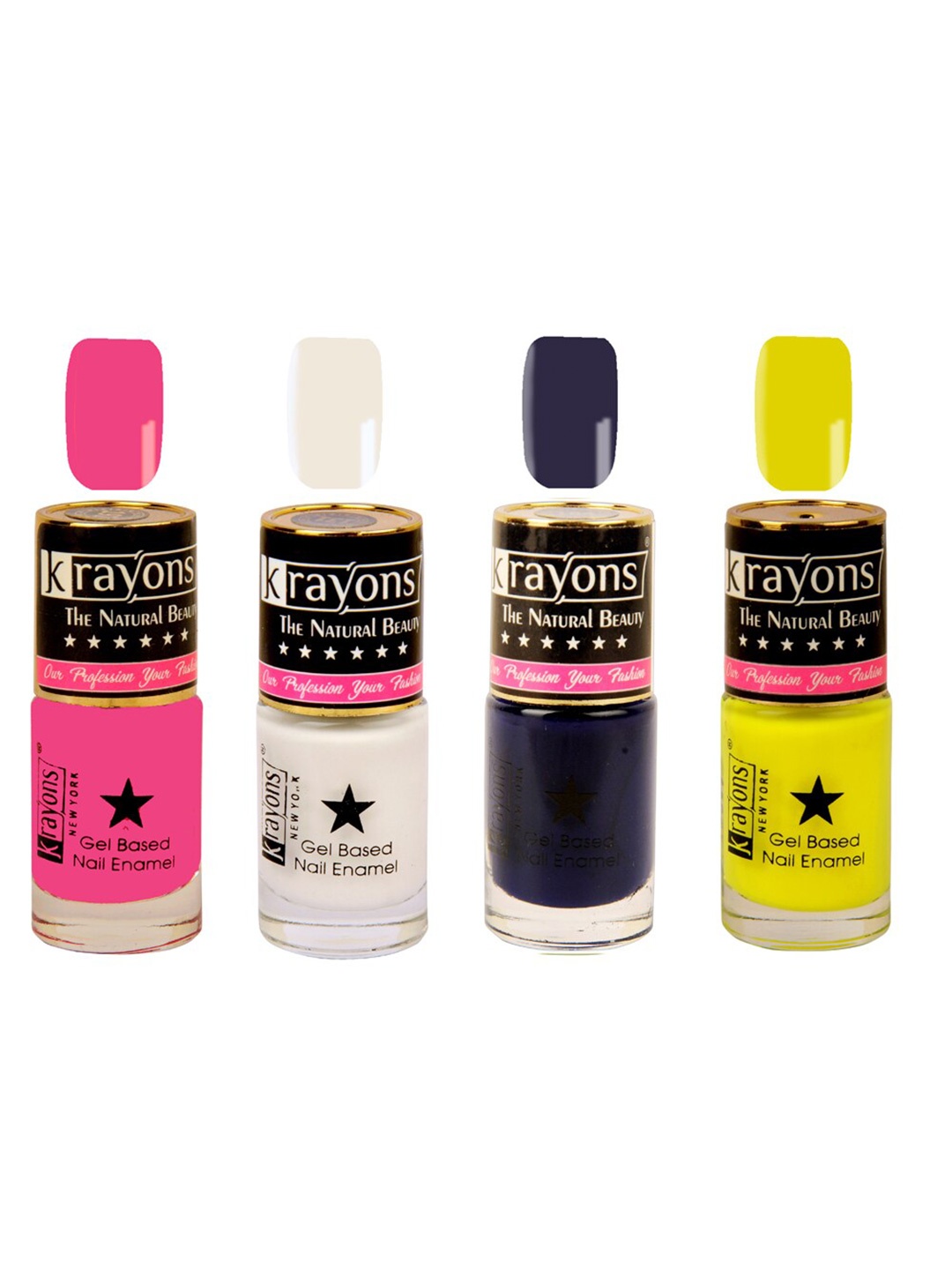

krayons Set of 4 Long-Lasting & Quick Dry Gel Based Nail Enamel 6 ml Each -Neon Yellow - White Canvas - Deep Blue - Angel Pink, Multi