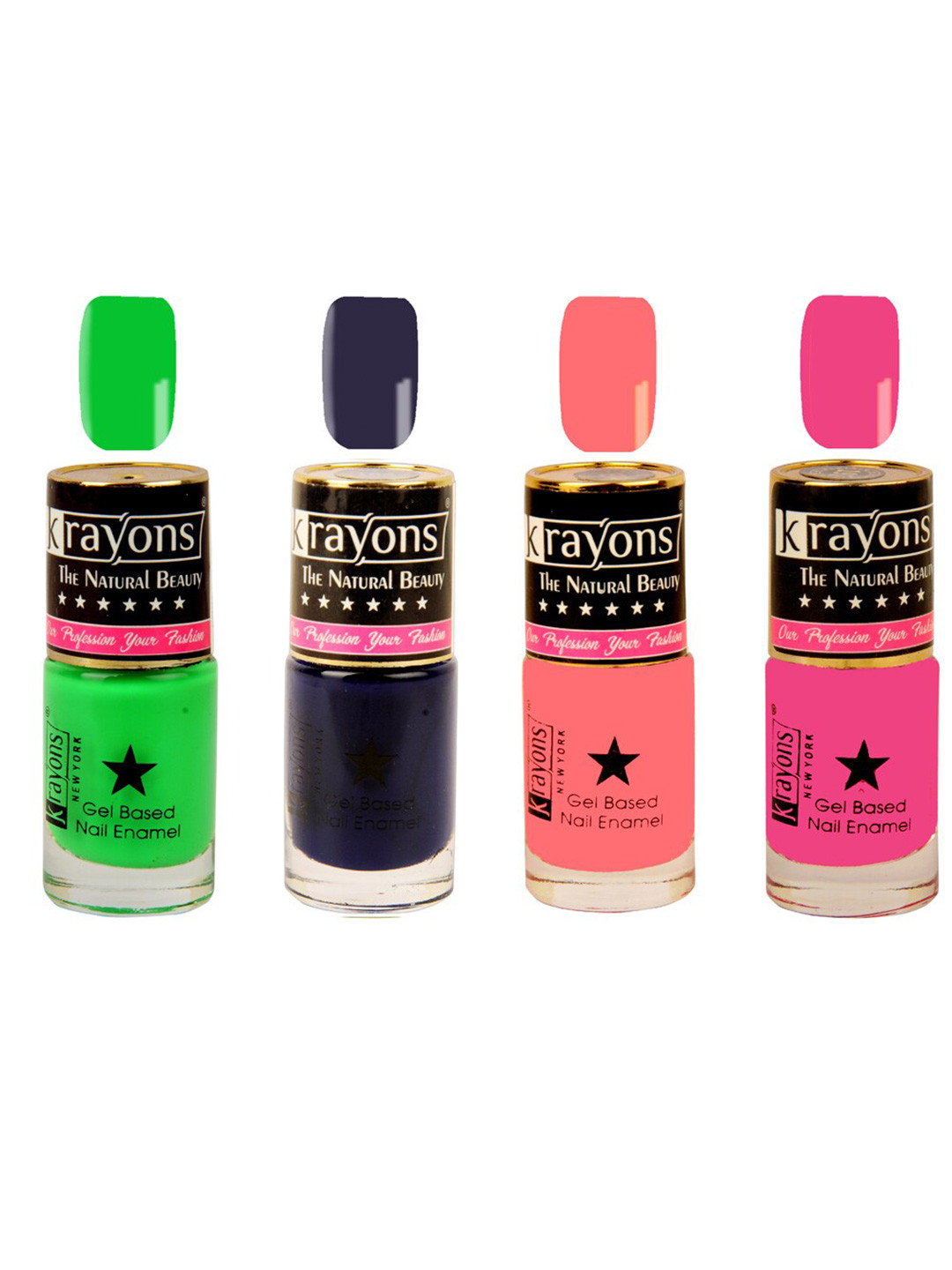 

krayons Set of 4 Long-Lasting & Quick Dry Gel Based Nail Enamel 6 ml Each -Angel Pink - Deep Blue - Sunset Orange - Neon Green, Multi