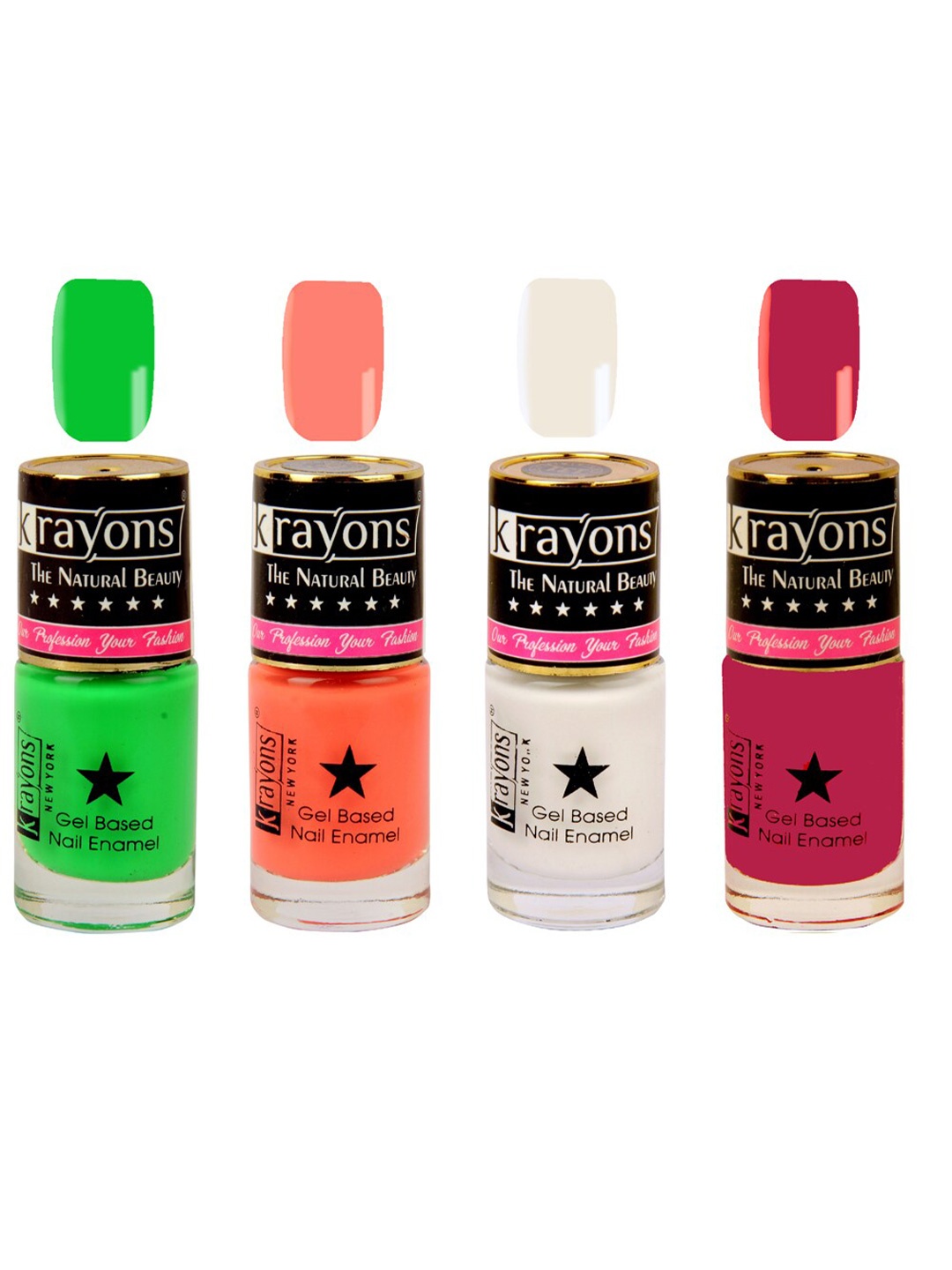 

krayons Set of 4 Long-Lasting & Quick Dry Gel Based Nail Enamel 6 ml Each -Scarlet Red - White Canvas - Neon Green - Coral Peach, Multi
