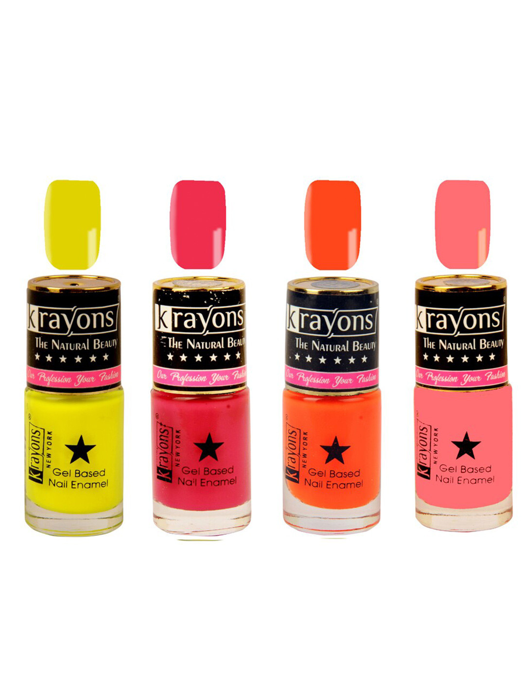 

krayons Set of 4 Long-Lasting & Quick Dry Gel Based Nail Enamel 6 ml Each -Neon Orange - Neon Yellow - Sunset Orange - Twilight Pink, Multi