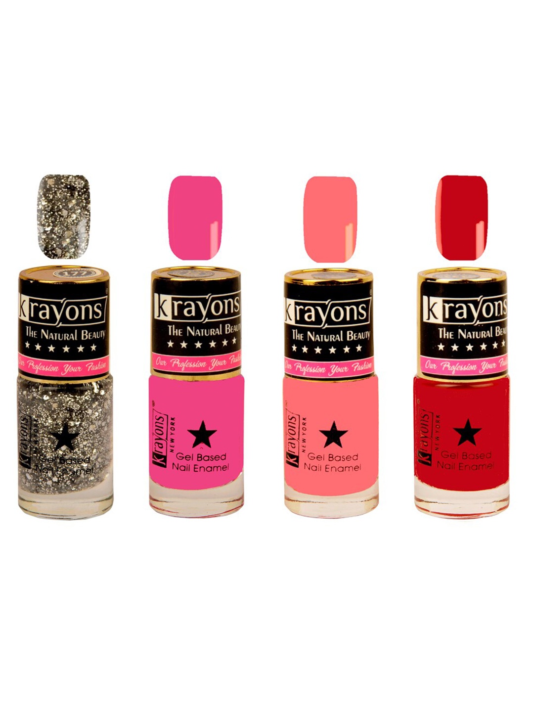 

krayons Set of 4 Long-Lasting & Quick Dry Gel Based Nail Enamel 6 ml Each -Shimmer Silver - Sunset Orange - Signal Red- Angel Pink, Multi