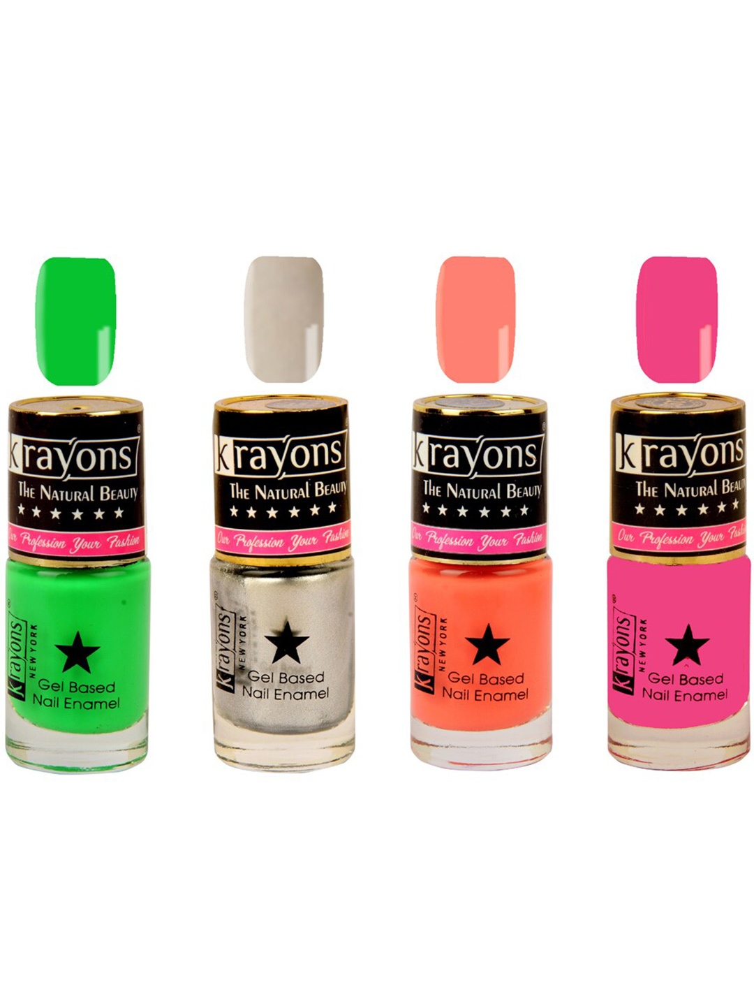 

Krayons Set of 4 Gel Base Nail Polish - Coral Peach, Neon Green, Angel Pink, Silver Grey, Multi