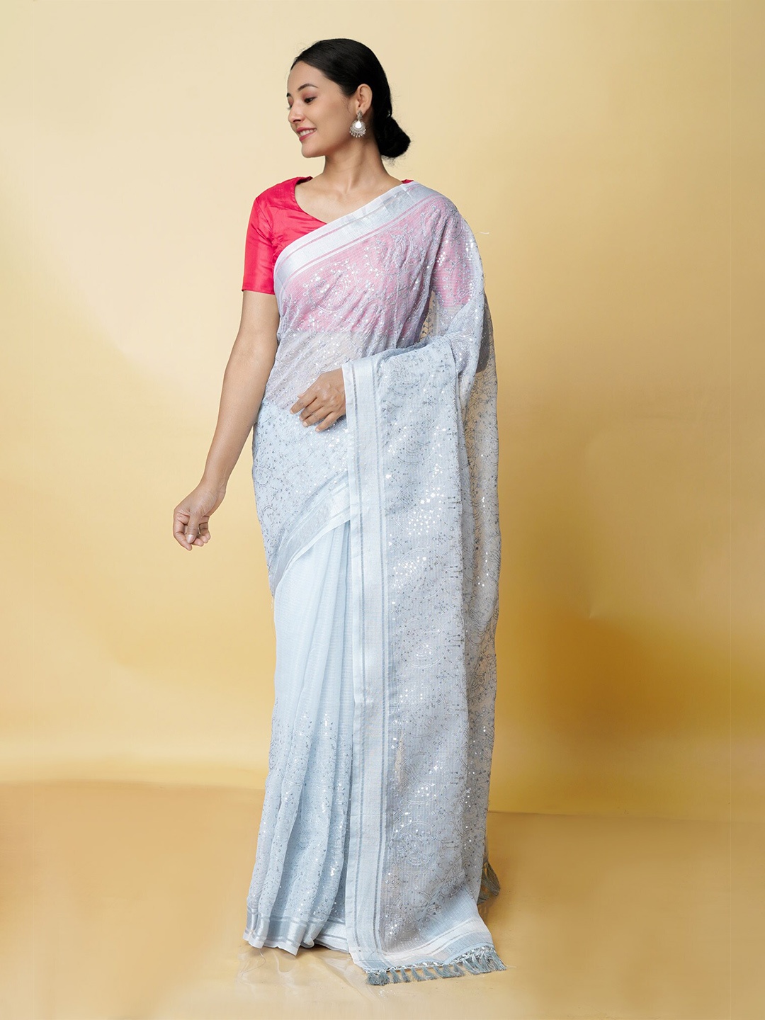 

Unnati Silks Floral Embroidered Zari Sequined Pure Cotton Kota Saree, Blue