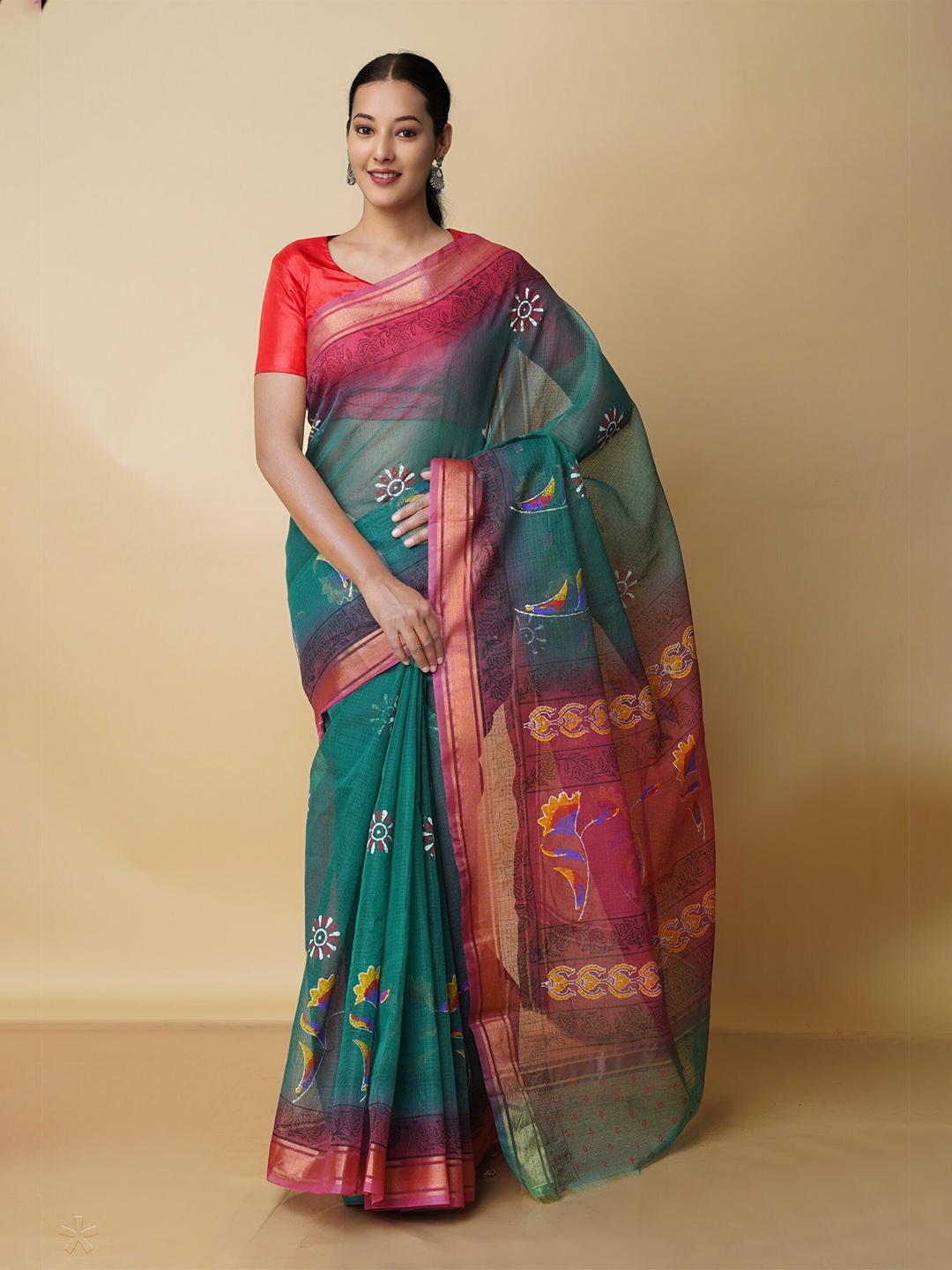 

Unnati Silks Ethnic Motifs Printed Zari Pure Cotton Kota Saree, Green