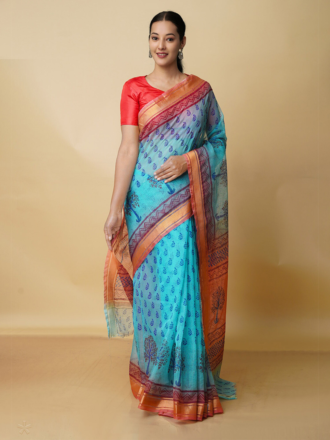 

Unnati Silks Ethnic Motifs Zari Pure Cotton Kota Saree, Sea green