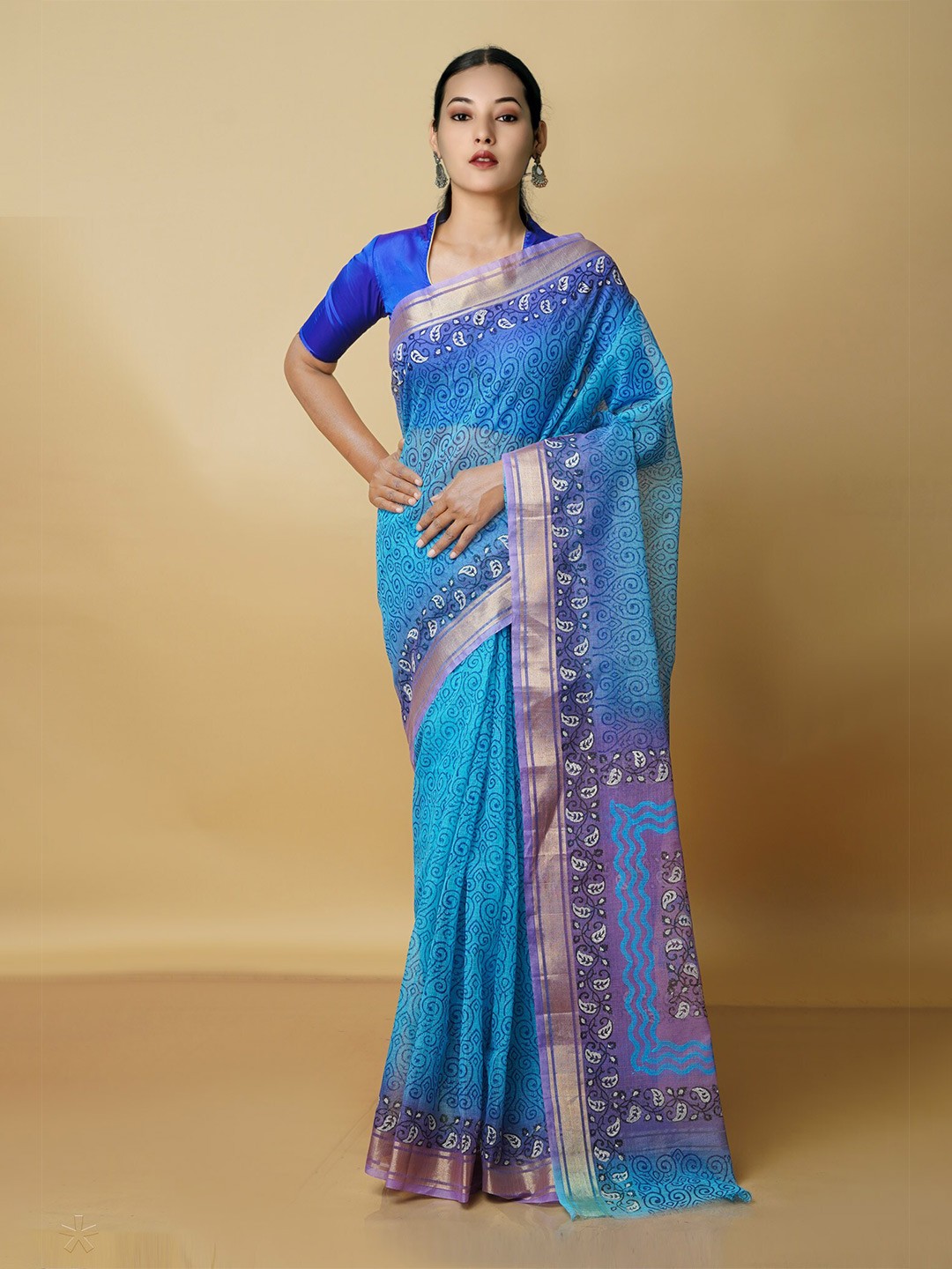 

Unnati Silks Ethnic Motifs Zari Pure Cotton Kota Saree, Blue