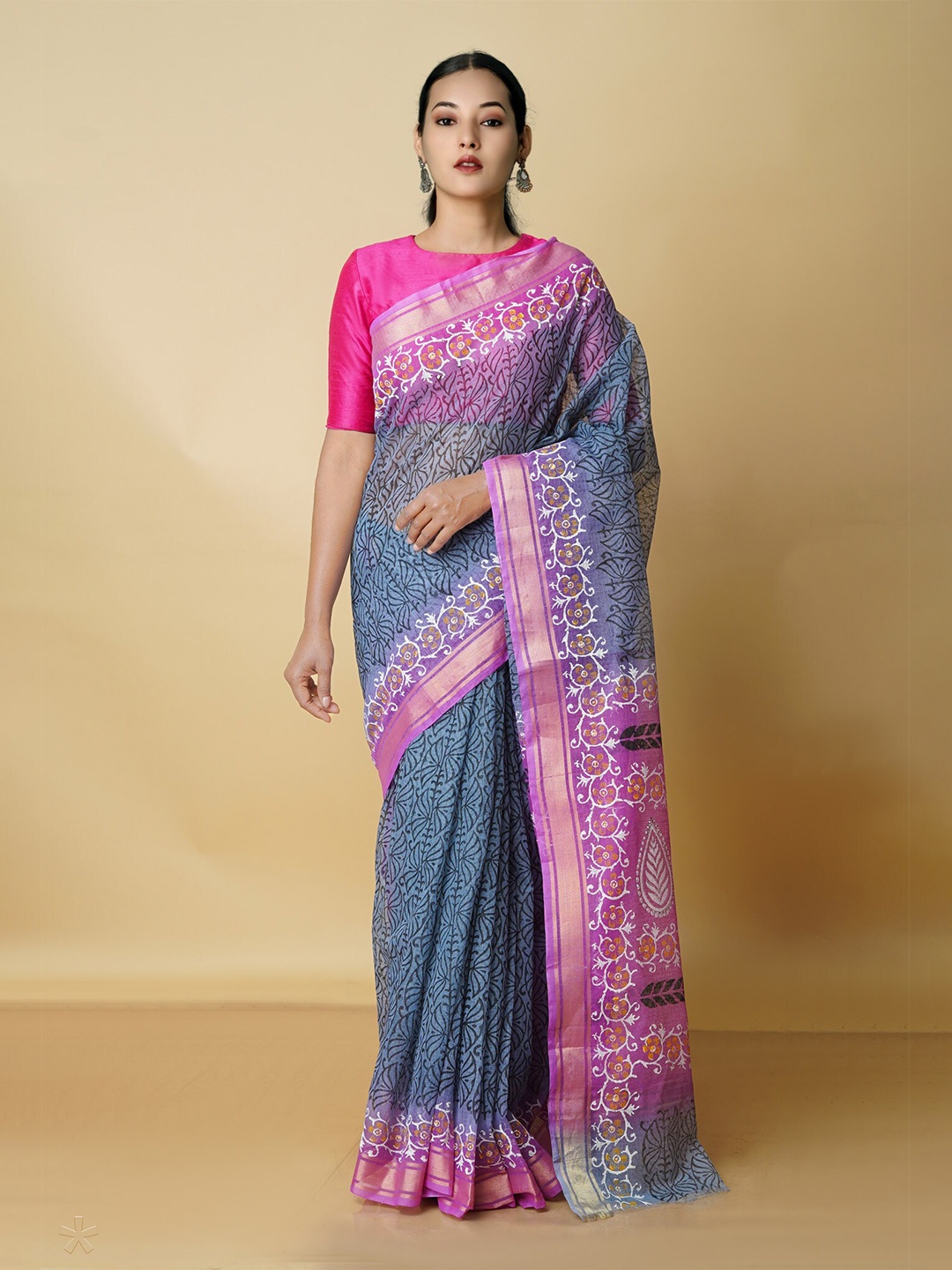 

Unnati Silks Ethnic Motifs Printed Zari Pure Cotton Kota Saree, Grey