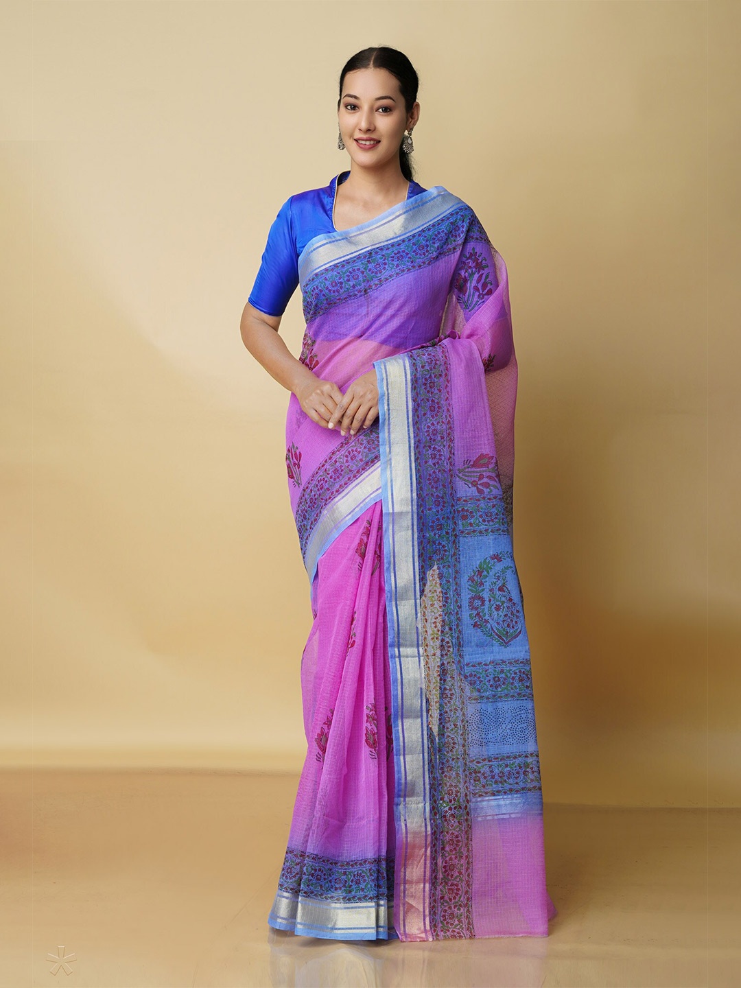 

Unnati Silks Ethnic Motifs Printed Zari Pure Cotton Kota Saree, Pink