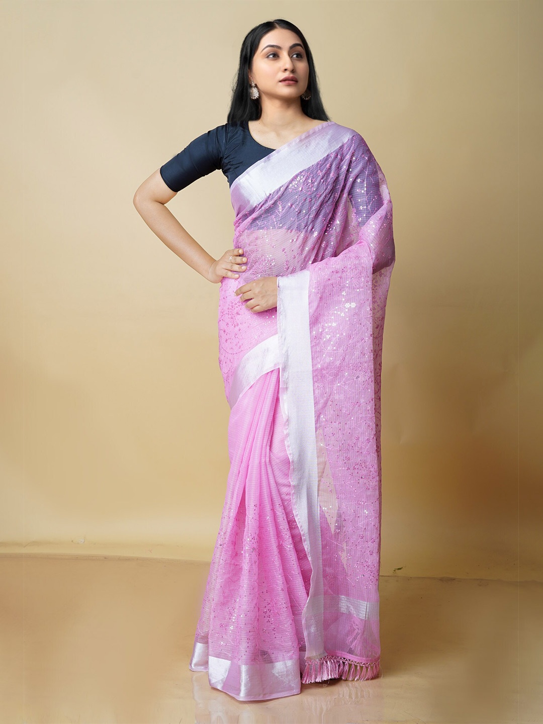 

Unnati Silks Floral Embroidered Zari Pure Cotton Kota Saree, Pink