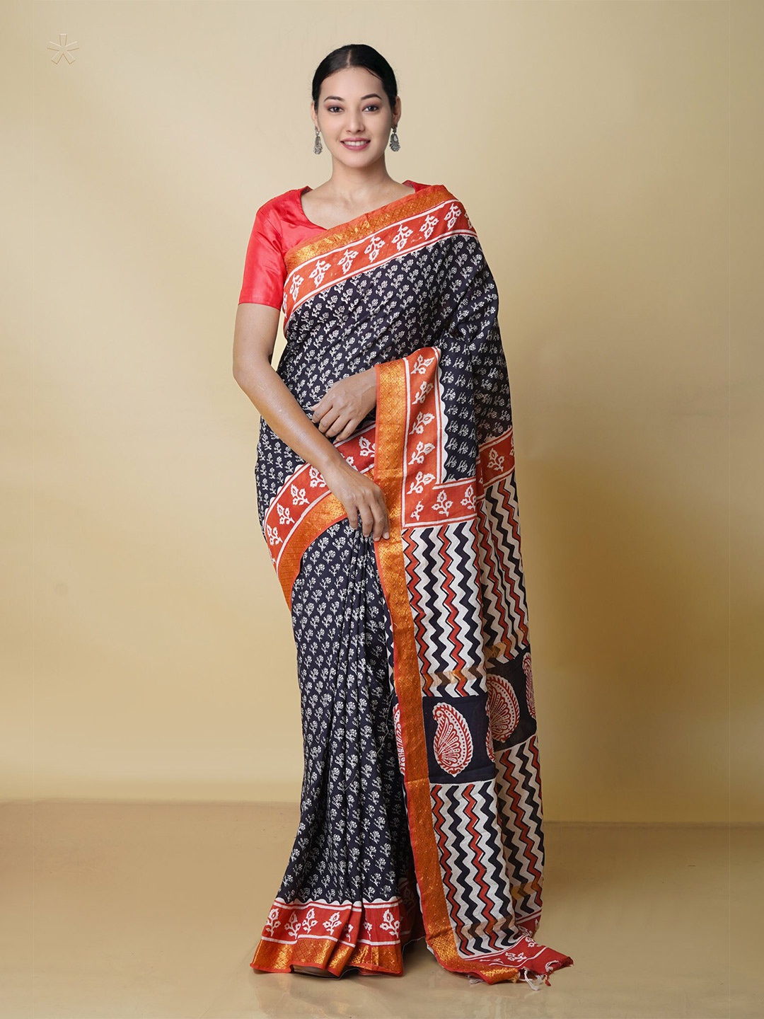 

Unnati Silks Floral Printed Zari Pure Silk Chanderi Saree, Black