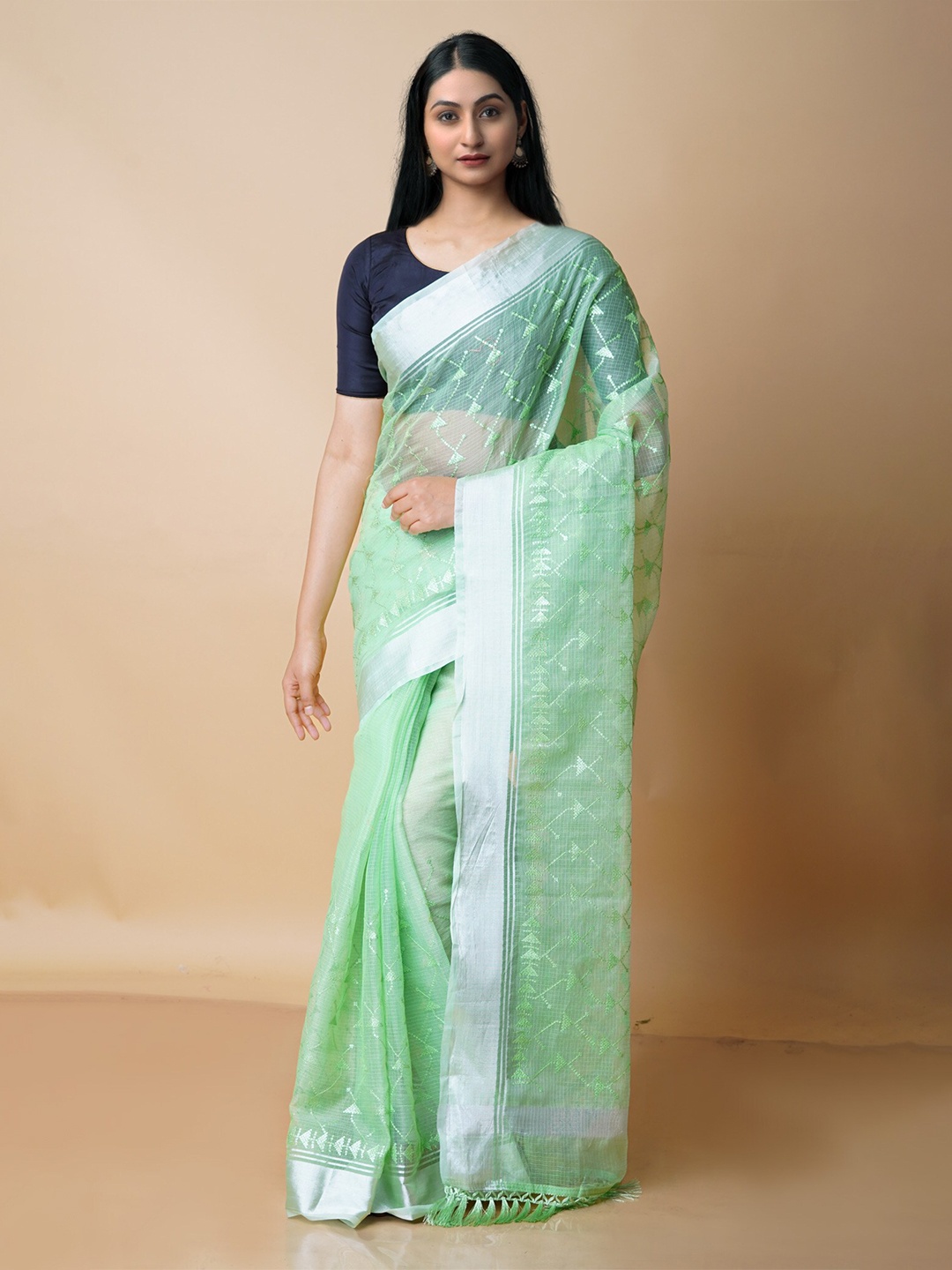 

Unnati Silks Floral Embroidered Zari Pure Cotton Kota Saree, Green