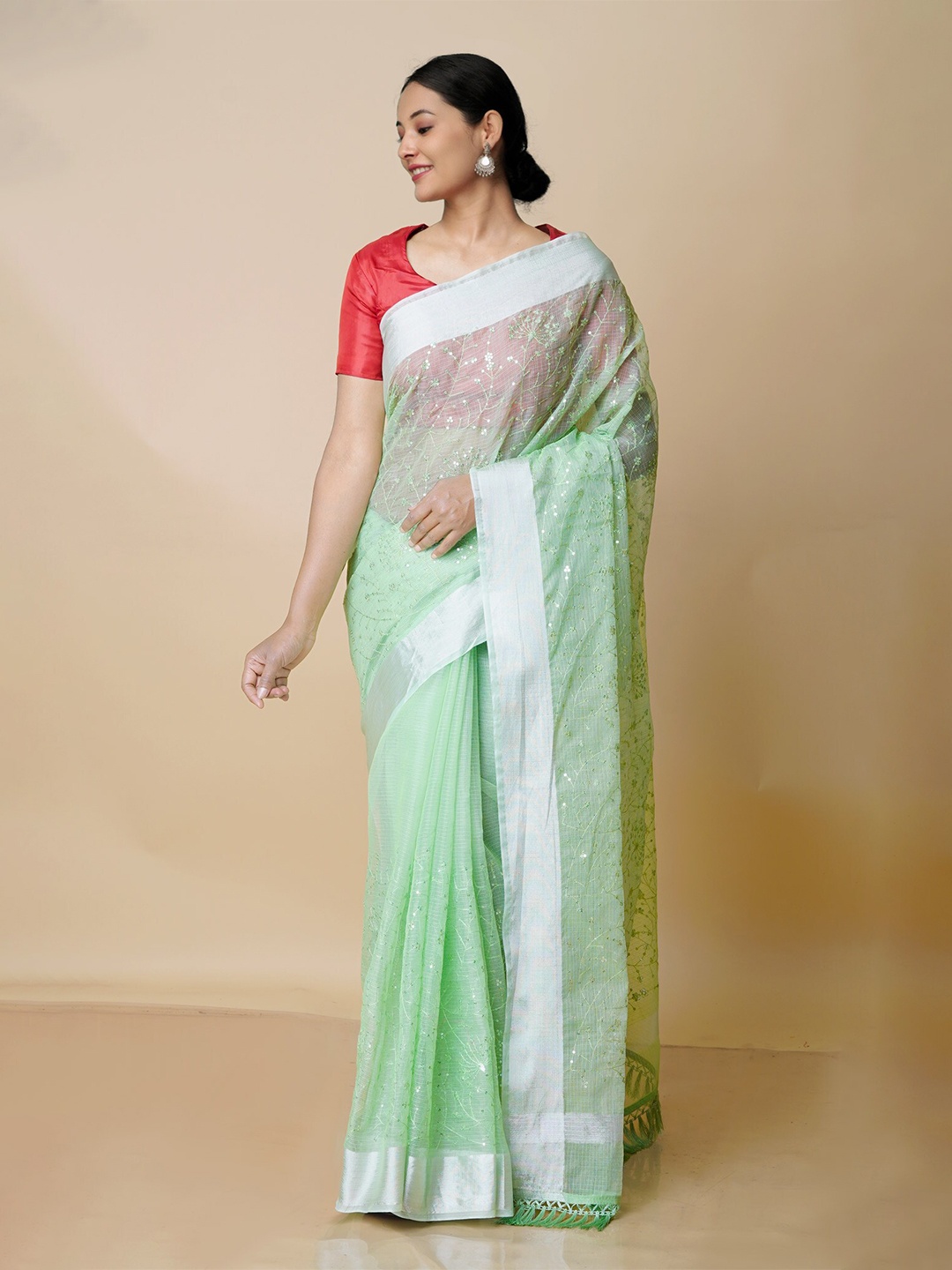 

Unnati Silks Floral Embroidered Zari Bordered Pure Cotton Kota Saree, Green