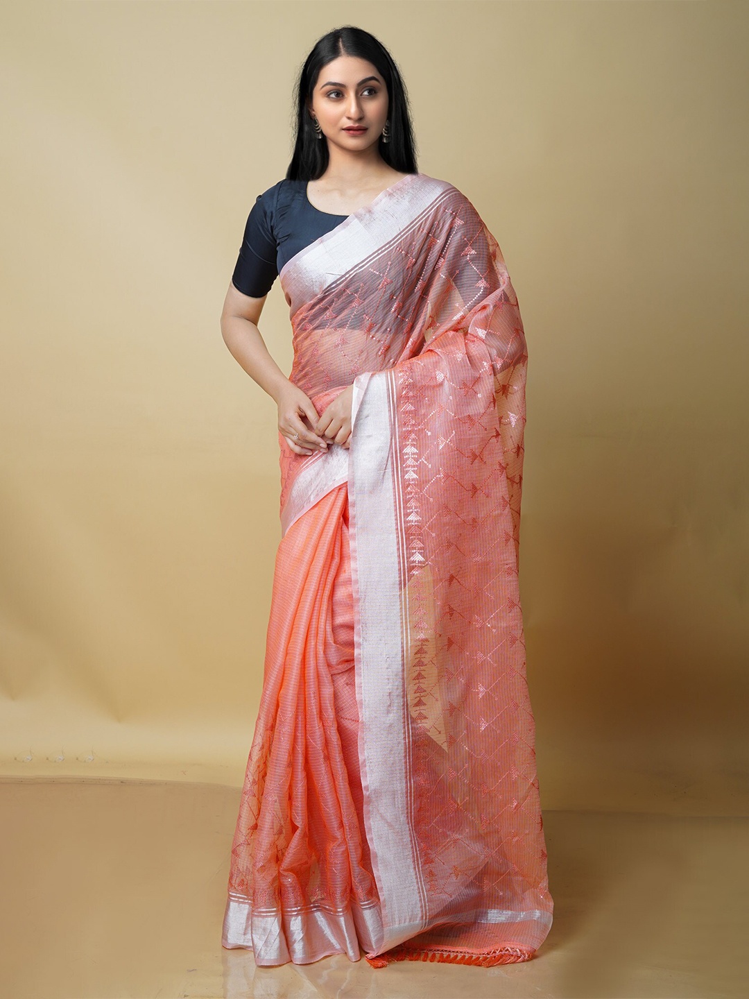 

Unnati Silks Woven design Embroidered Zari Pure Cotton Kota Saree, Orange