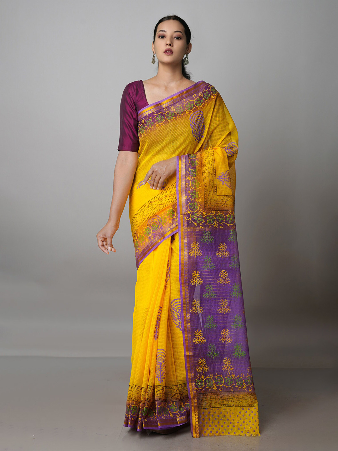 

Unnati Silks Ethnic Motifs Printed Zari Pure Cotton Kota Saree, Yellow