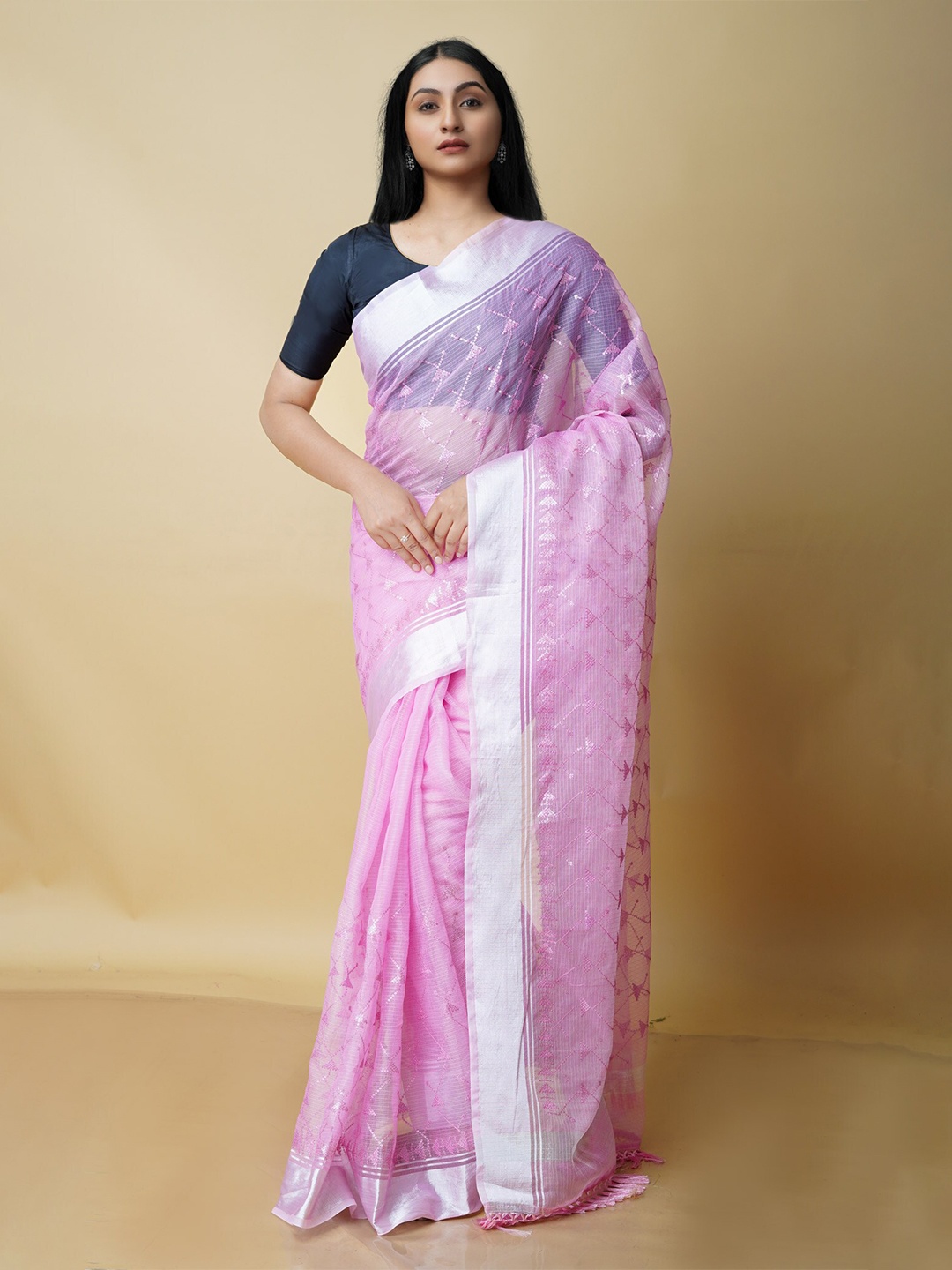 

Unnati Silks Sequin Embroidered Pure Cotton Kota Saree, Pink