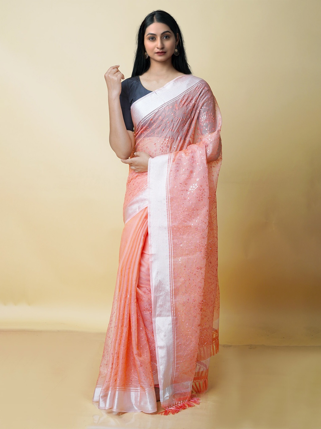 

Unnati Silks Embellished Zari Pure Cotton Kota Saree, Peach