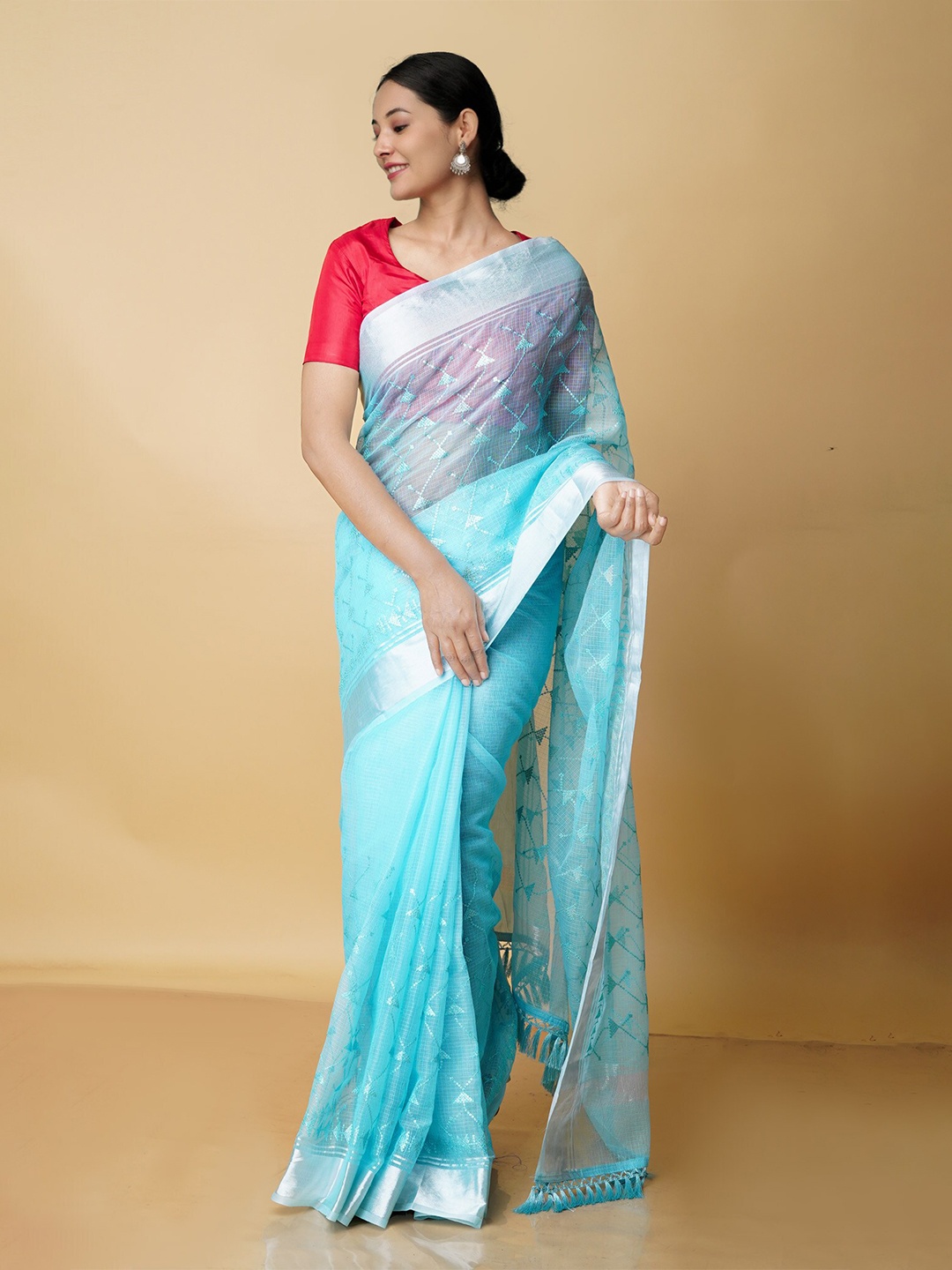 

Unnati Silks Woven design Embroidered Zari Pure Cotton Kota Saree, Blue