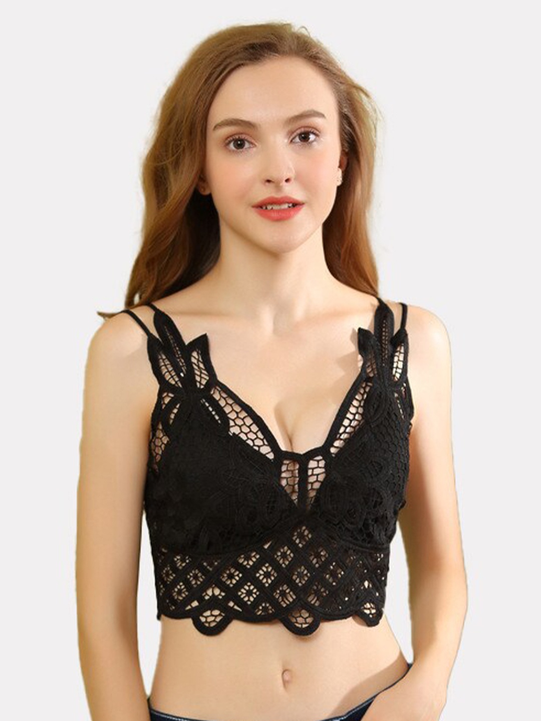 

FIMBUL Floral Bralette Lightly Padded Bra, Black