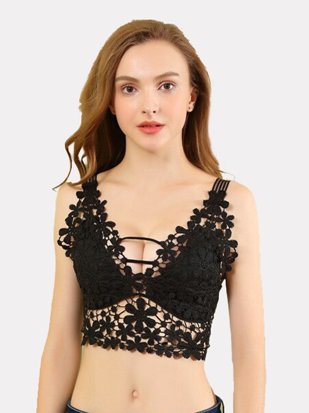 

FIMBUL Floral Bralette Lightly Padded Bra, Black