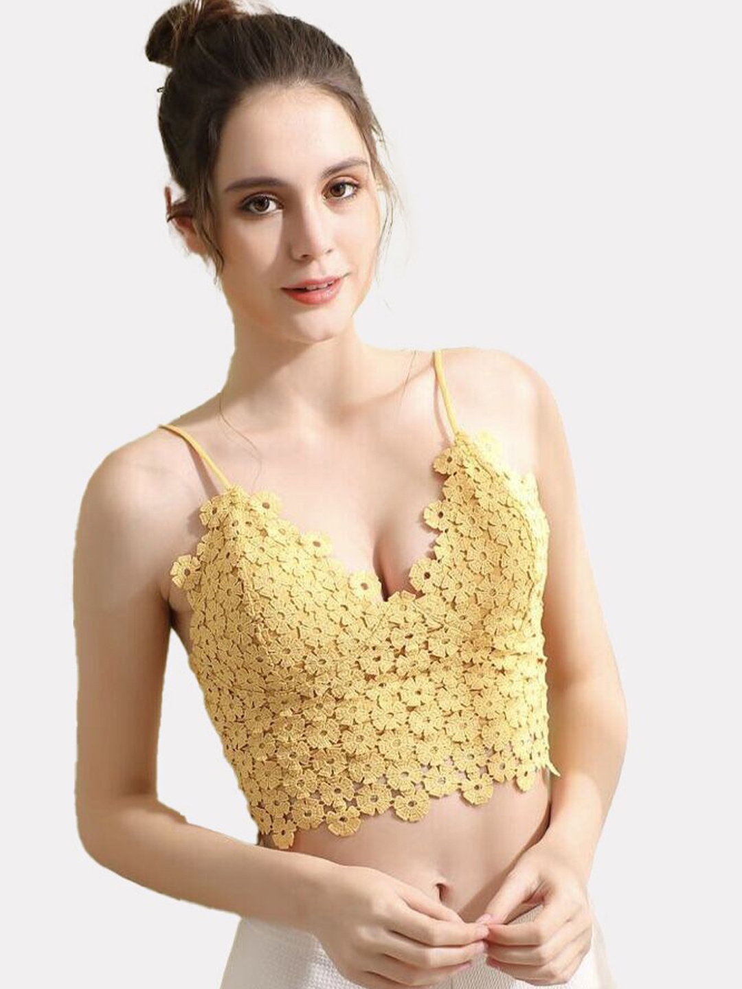 

FIMBUL Floral Bralette Lightly Padded Bra, Yellow