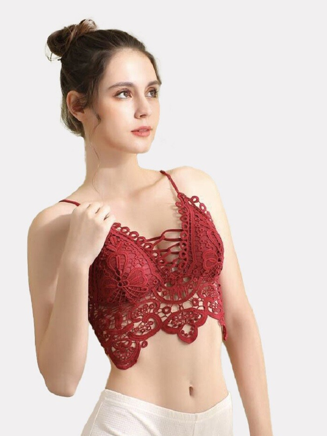 

FIMBUL Floral Bralette Lightly Padded Bra, Red