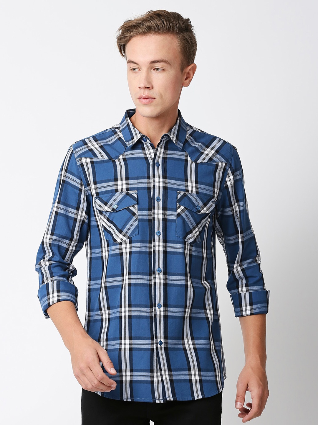 

Solemio Men Slim Fit Tartan Checked Cotton Casual Shirt, Blue