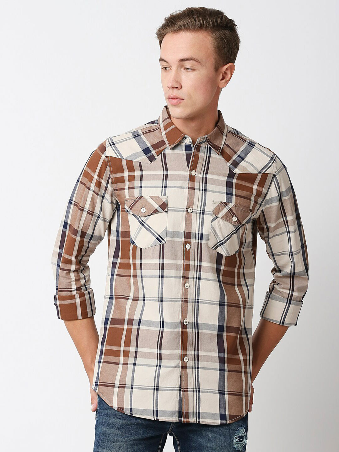 

Solemio Men Slim Fit Tartan Checks Casual Pure Cotton Shirt, Beige
