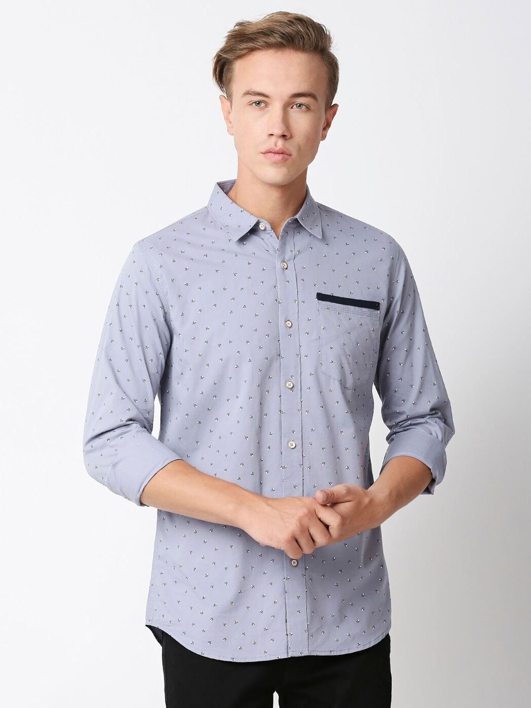 

Solemio Men Grey Slim Fit Micro Ditsy Printed Twill Weave Casual Pure Cotton Shirt, Blue