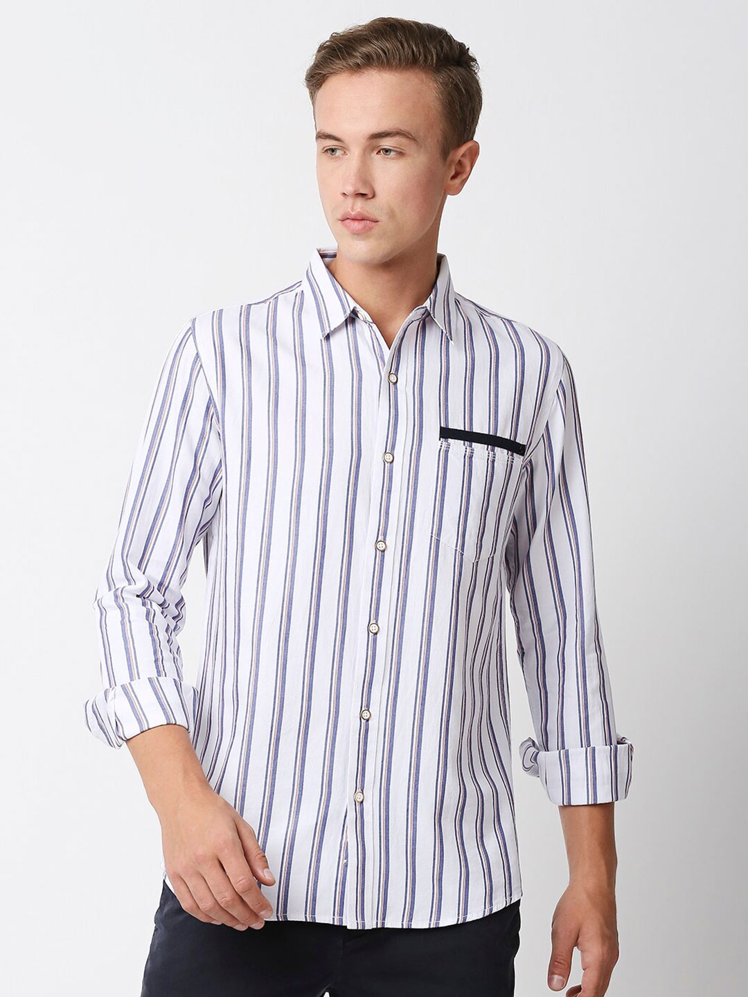 

Solemio Men Slim Fit Striped Casual Cotton Shirt, White