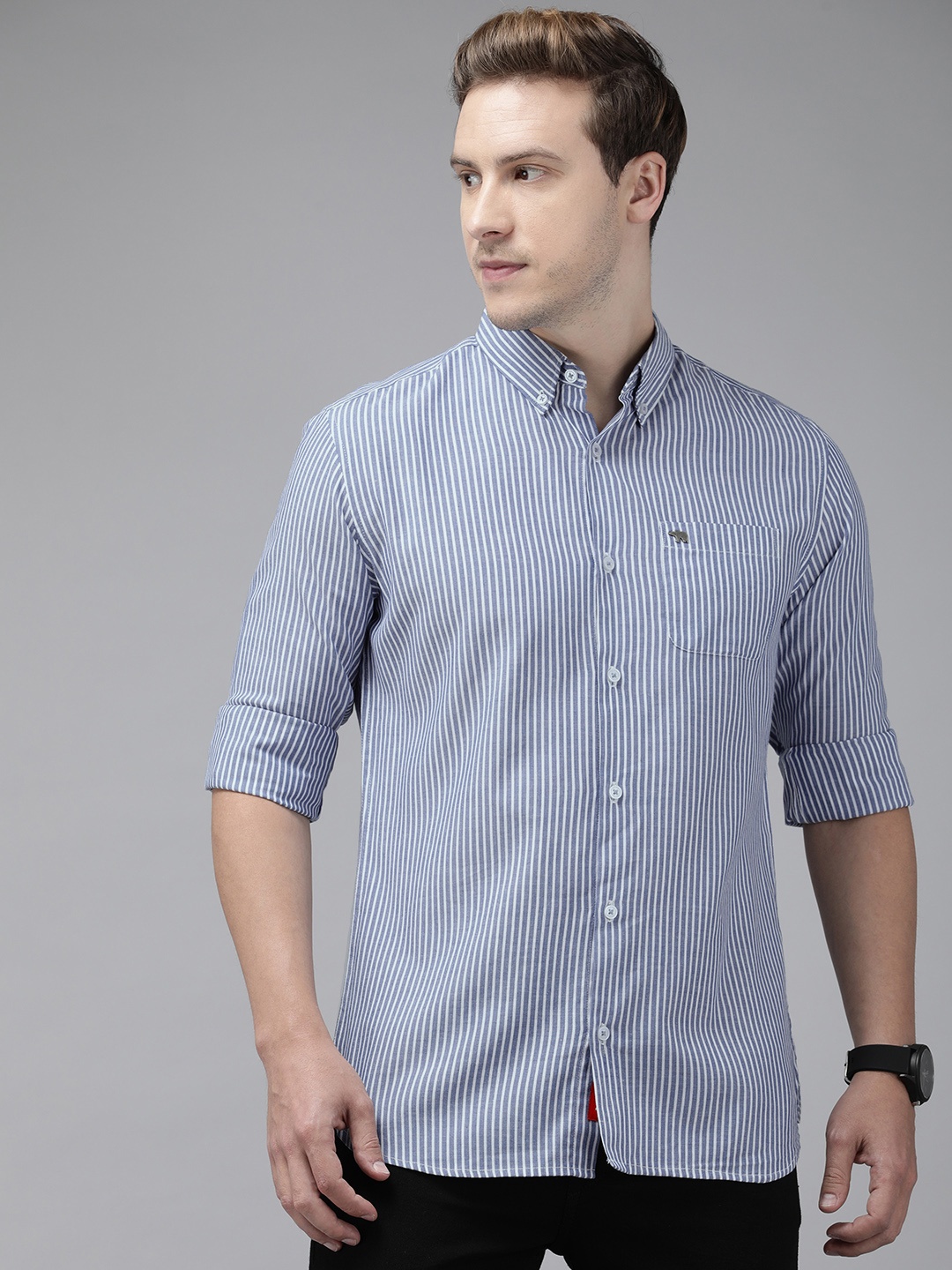 

THE BEAR HOUSE Slim Fit Striped Pure Cotton Casual Shirt, Blue