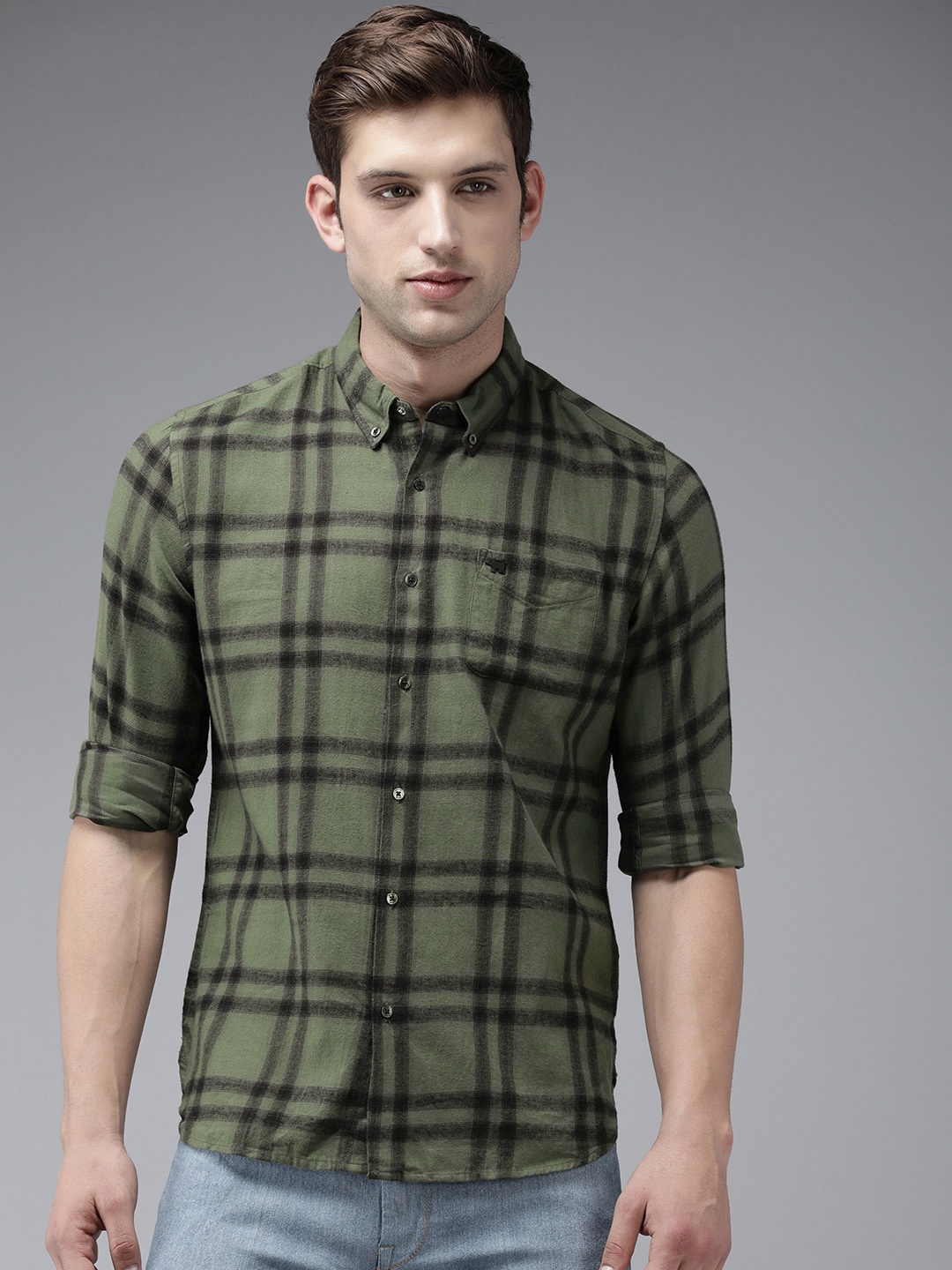 

THE BEAR HOUSE Slim Fit Checked Pure Cotton Casual Shirt, Green