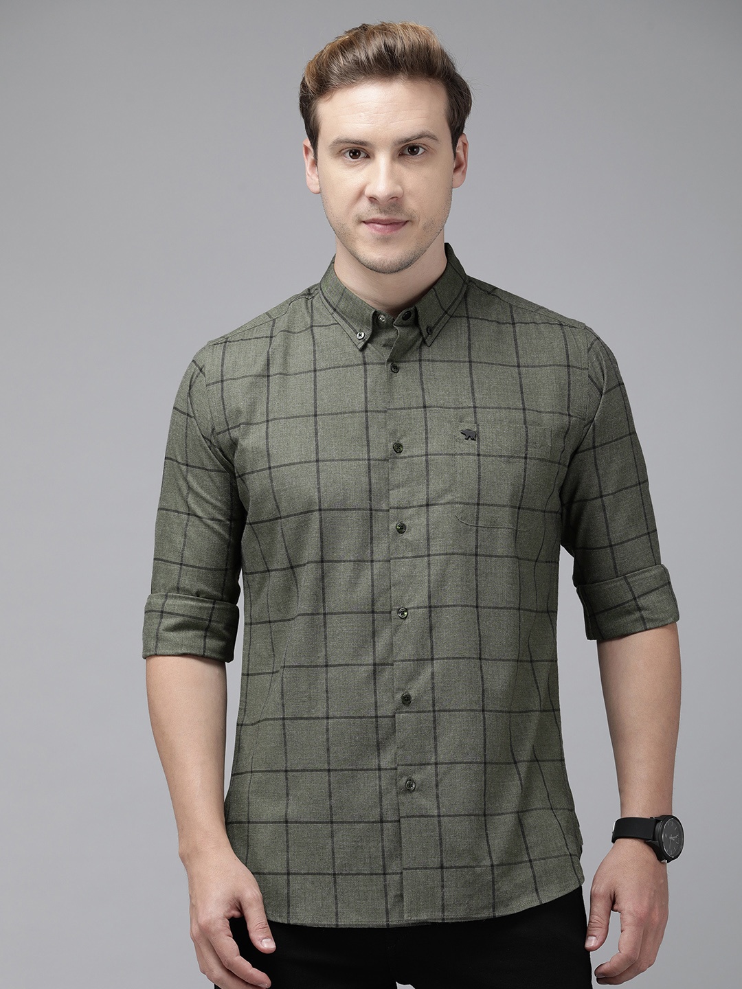 

THE BEAR HOUSE Slim Fit Windowpane Checked Casual Shirt, Green