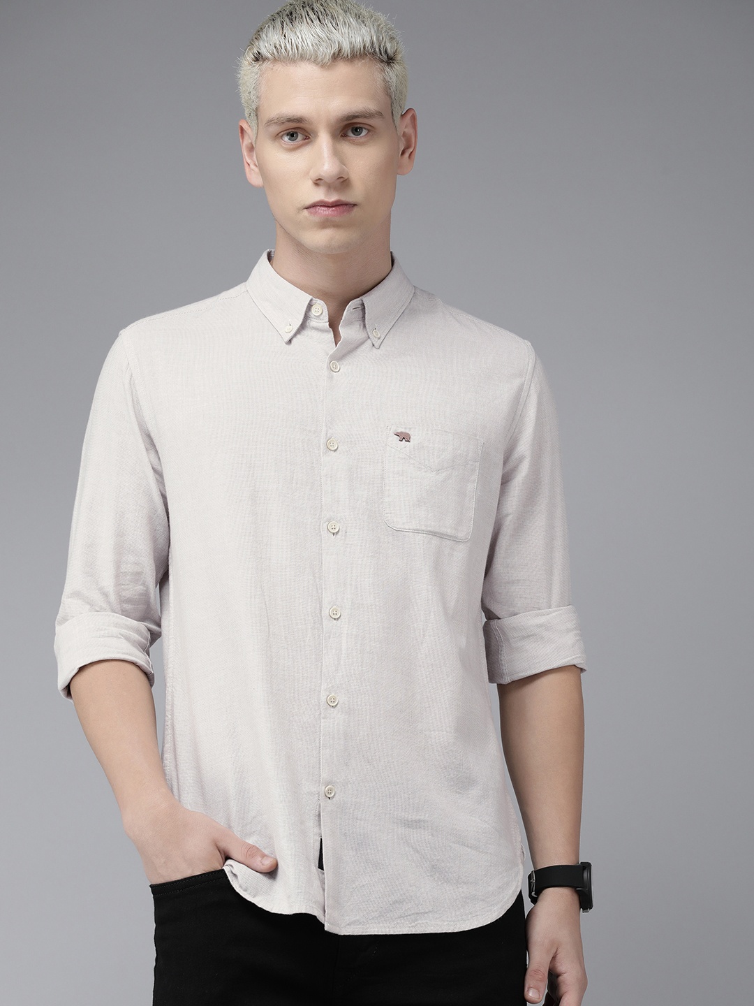 

THE BEAR HOUSE Slim Fit Solid Pure Cotton Casual Shirt, Beige