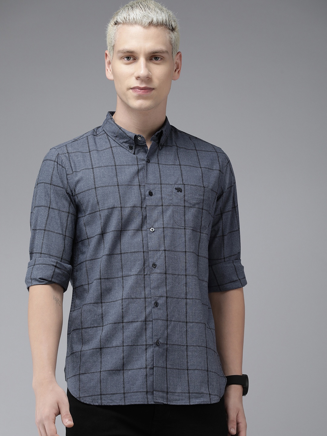 

THE BEAR HOUSE Slim Fit Windowpane Checks Casual Shirt, Blue
