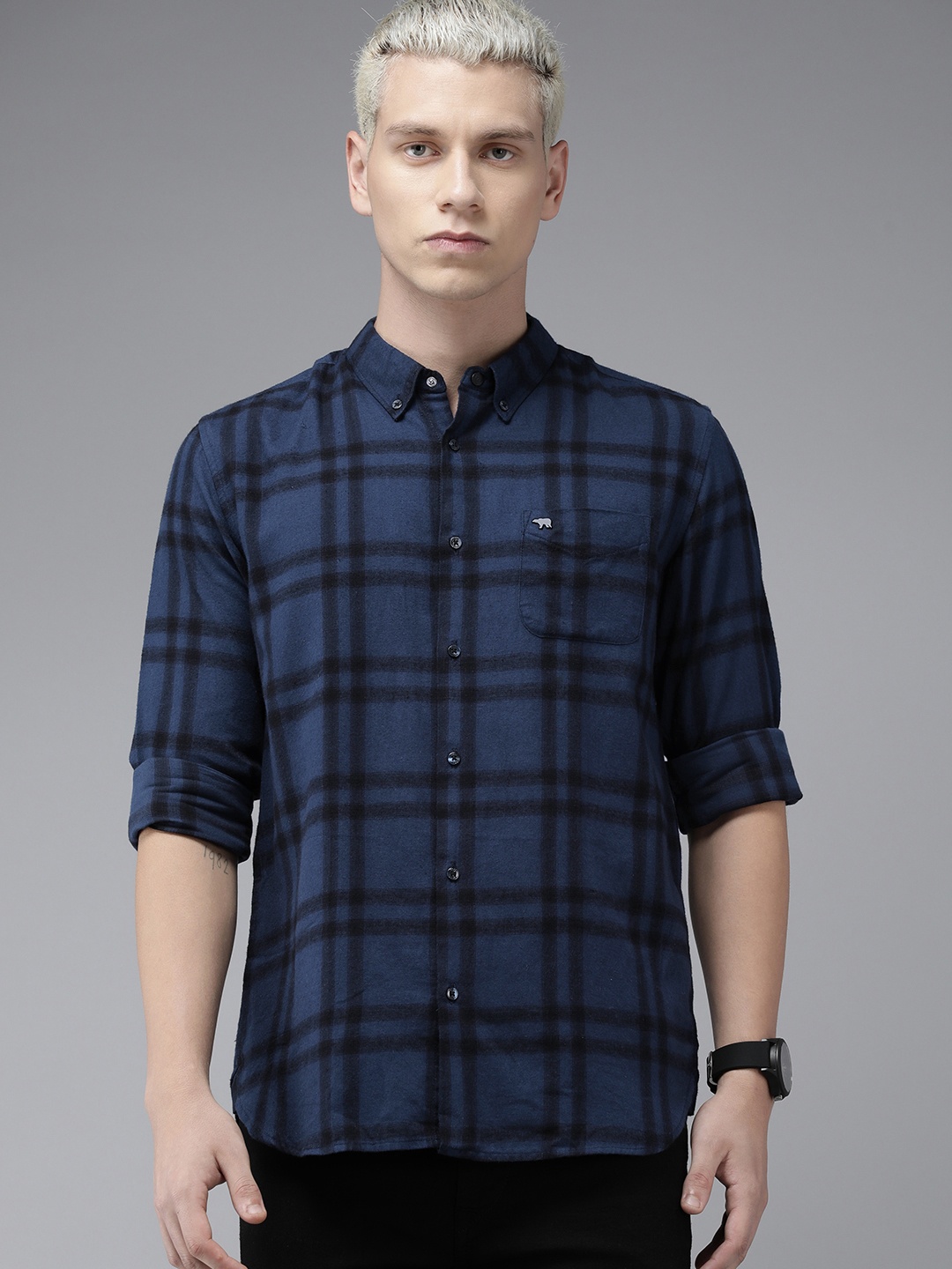 

THE BEAR HOUSE Slim Fit Checked Pure Cotton Casual Shirt, Blue