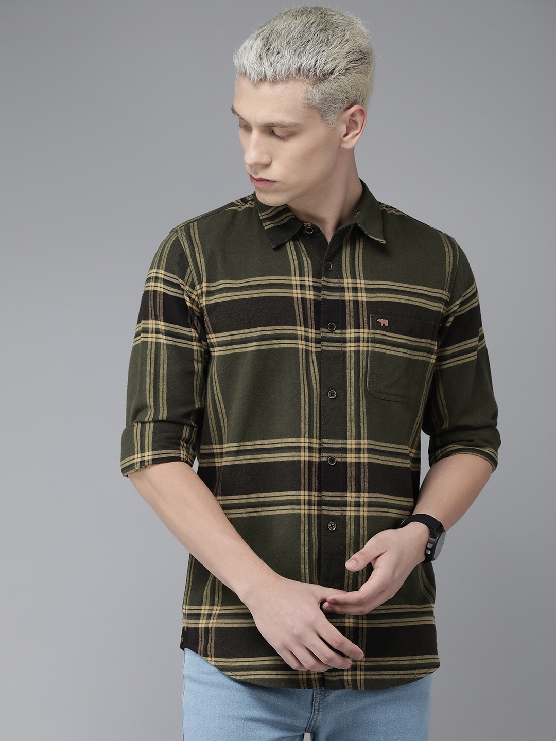 

THE BEAR HOUSE Slim Fit Tartan Checked Pure Cotton Casual Shirt, Green