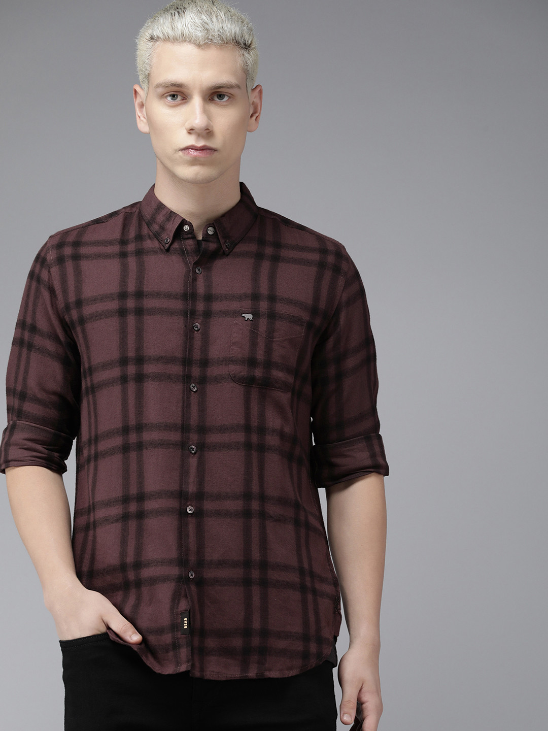 

THE BEAR HOUSE Slim Fit Checked Pure Cotton Casual Shirt, Brown