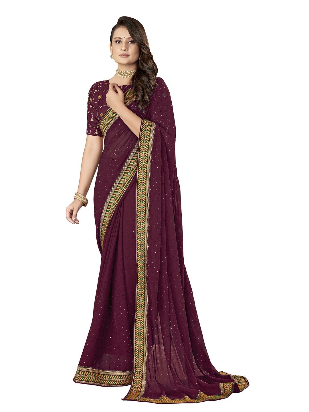 

SUTRAM Embellished Embroidered Border Pure Chiffon Saree, Purple