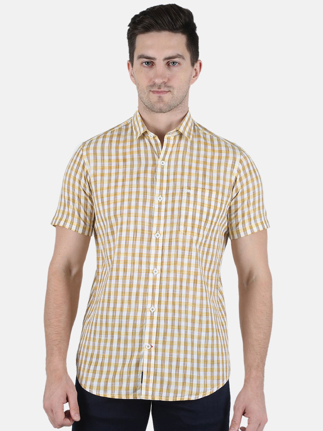 

Monte Carlo Men Spread Collar Checked Casual Cotton Shirt, Yellow