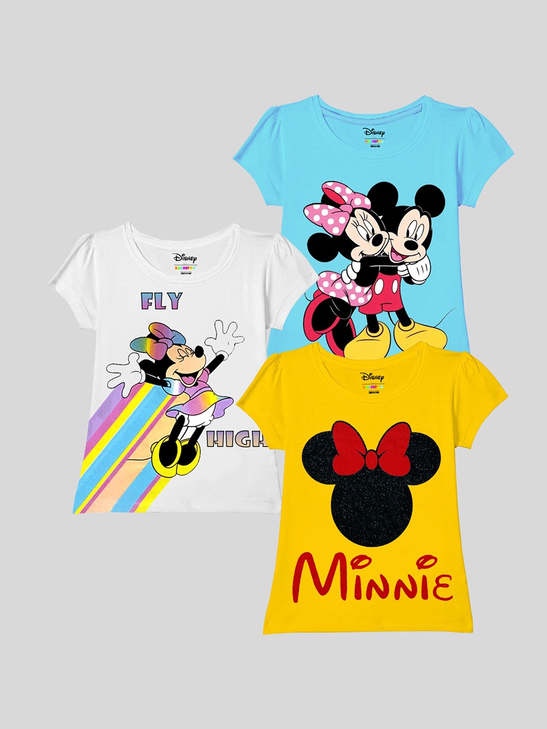 

KUCHIPOO Girls Set of 3 Minnie Mouse Printed Cap Sleeves T-shirt, Blue