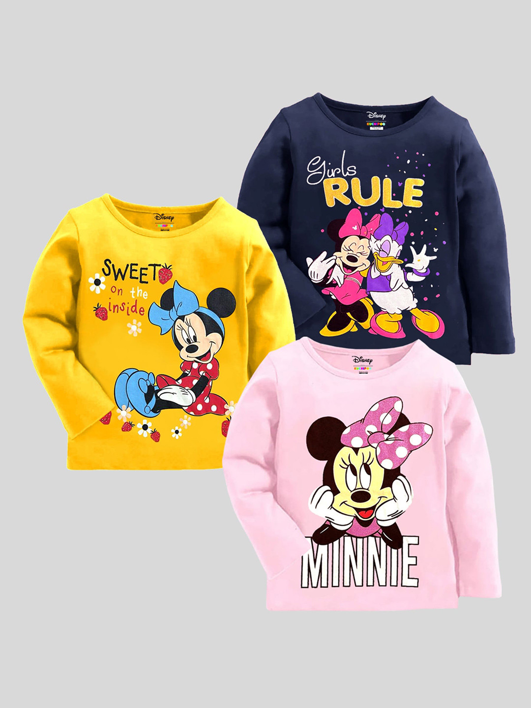 

KUCHIPOO Girls Pack Of 3 Minnie Mouse Printed T-shirt, Yellow
