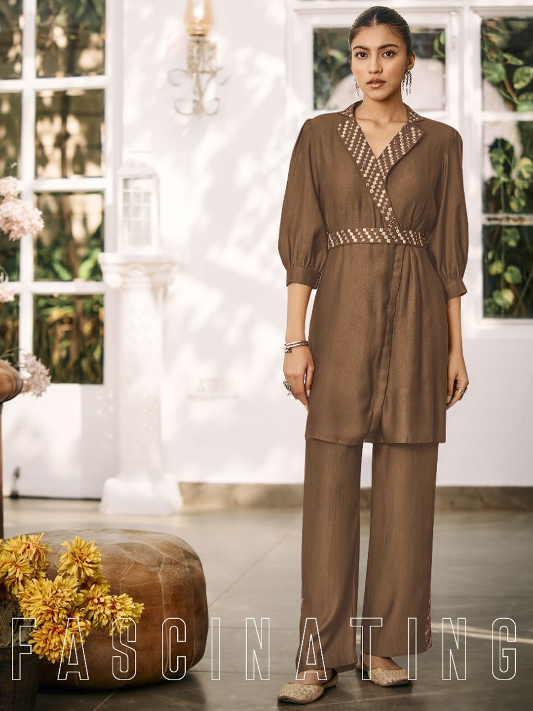 

AUTUMN LANE Women Embellished Tunic with Palazzos Co-ord Set, Brown