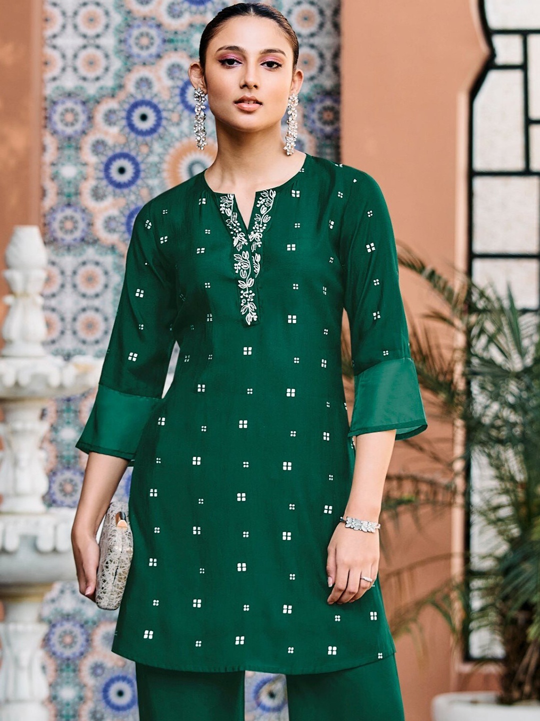 

AUTUMN LANE Women Round Neck Floral Embroidered Kurti With Trousers, Green