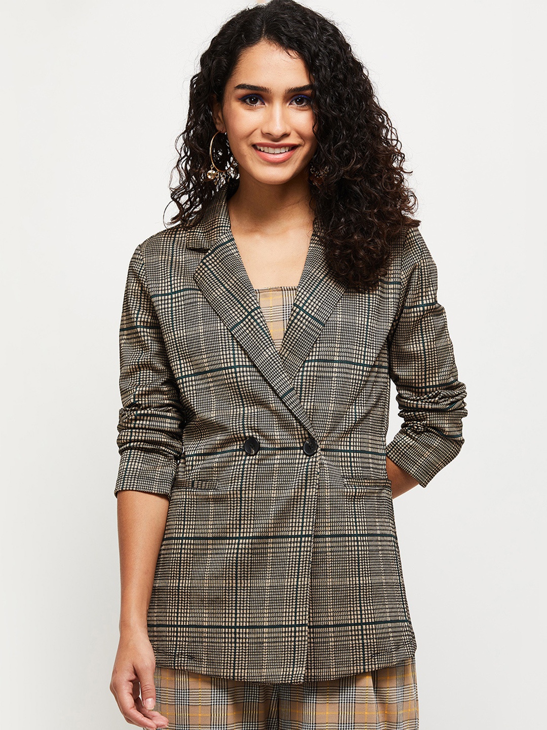 

max Women Brown Geometric Checked Crop Tailored Jacket