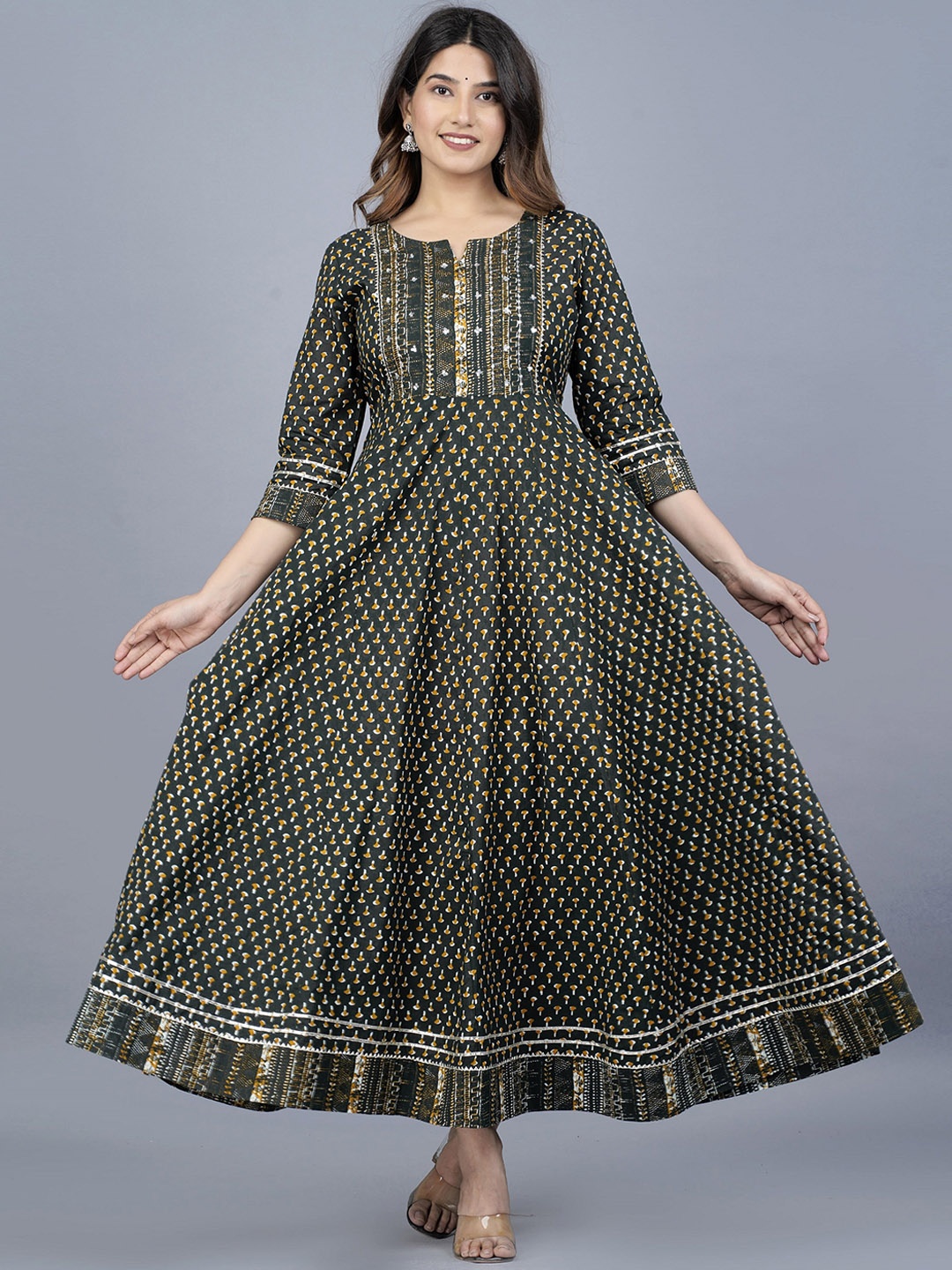 

KALINI Women Notch Neck Ethnic Motifs Printed Sequinned Anarkali Kurta, Green