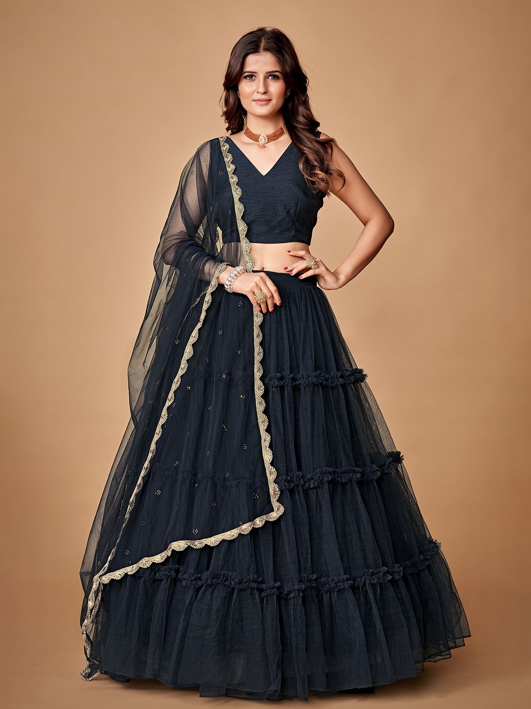 

Fusionic Semi-Stitched Tiered Lehenga Choli With Dupatta, Black