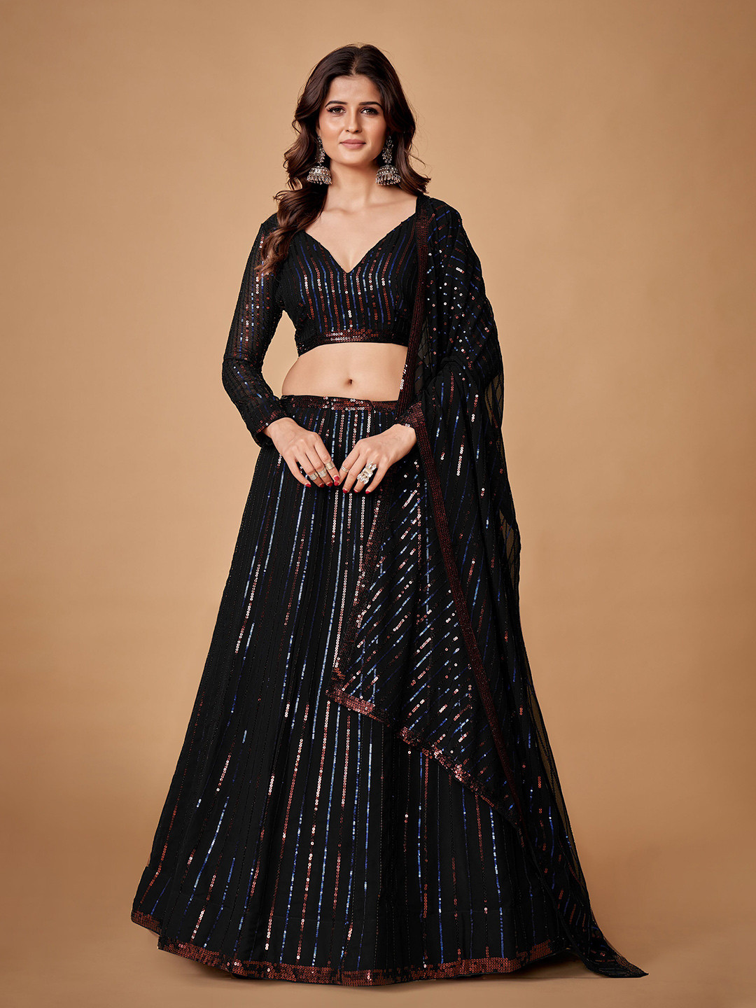 

Fusionic Embellished Semi-Stitched Lehenga Set, Black